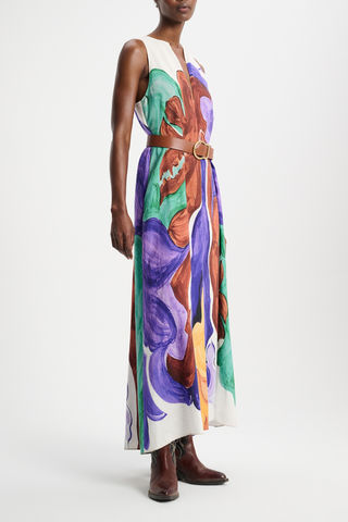 Sleeveless Printed Linen Maxi Dress | Rainbow Flames