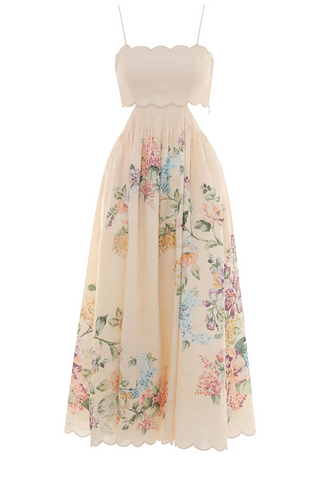 Halliday Scallop Midi Dress | Cream Watercolor Floral