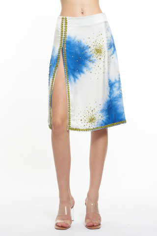 Tie Dye Silk Embroidery Skirt | Dark Blue/ White