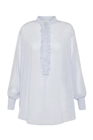 Granddad Collar Shirt In Silk And Cotton Voile With Ruffles | Sky