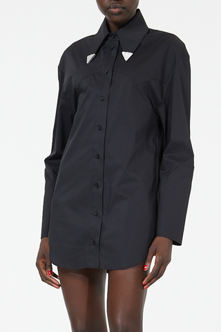 Black Poplin Mini Shirt Dress | Crystal Lapel