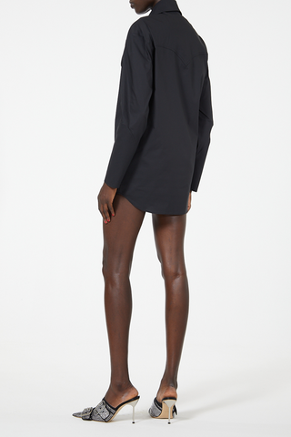 Black Poplin Mini Shirt Dress | Crystal Lapel