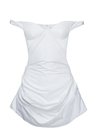 Off Shoulder Draped Cotton Mini Dress | White