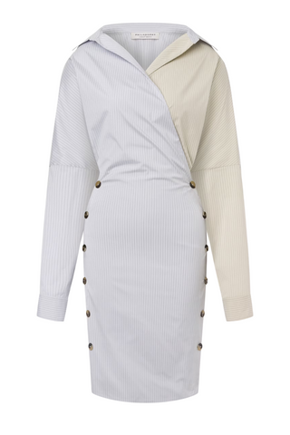 Striped Stretch Taffeta Dress with Buttons | Sky Blue