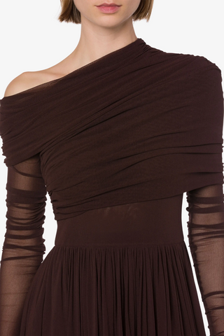 Stretch Tulle Midi Dress | Brown