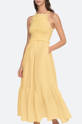 Cole Smocked Ramie Midi Dress | Yellow