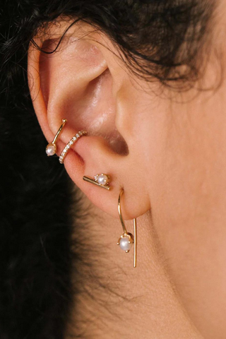 Gold Wire Studs | Freshwater Pearl and Diamond