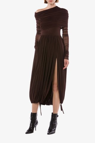 Stretch Tulle Midi Dress | Brown