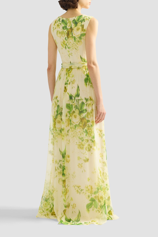 Floral Print Silk Creponne Sleeveless Gown | Rose Bouquet Lemongrass