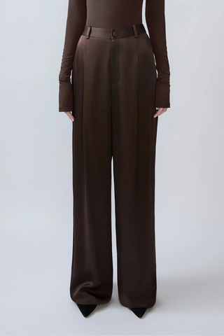 Satin Relaxed Pleated Pant | Chocolate