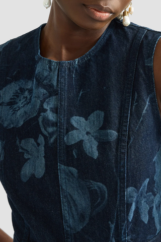 Printed Denim Sleeveless Midi Dress | Dutch Flower Painting Indigo
