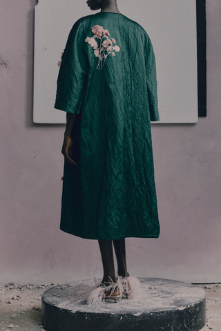 Embroidered Textured Satin Coat | Forest Green