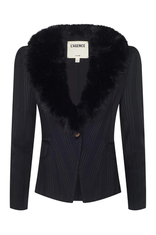 Kaisley Fur Collar Blazer | Black Shadow Stripe