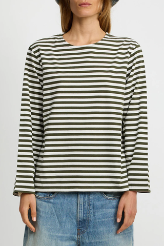 Long Sleeve Boatneck Tee | Olive Green Ecru Stripe