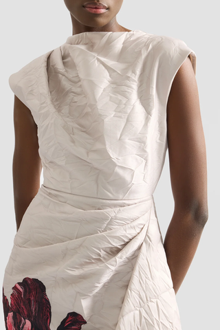 Floral Print Textured Satin Draped Midi Dress | Etched Tulip Cameo Pink