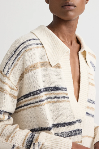 V Neck Long Sleeve Polo | Ivory Multi