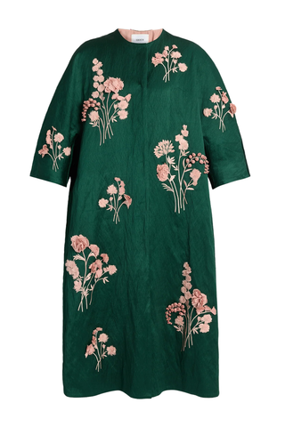Embroidered Textured Satin Coat | Forest Green