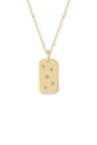14K Gold Large Dog Tag Necklace w/ Mixed Star Diamonds on Bar and Cable Chain