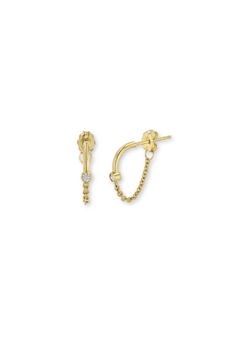 Diamond Studs w/ Hanging Curb Chain Earring