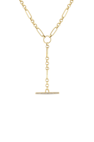 14K Medium Paperclip Rolo Chain Pavé Diamond Toggle Lariat Necklace
