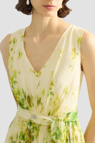Floral Print Silk Creponne Sleeveless Gown | Rose Bouquet Lemongrass