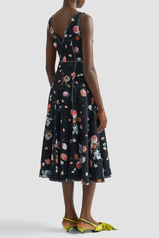Floral Print Textured Twill Sleeveless Midi Dress | Dutch Flower Painting Black