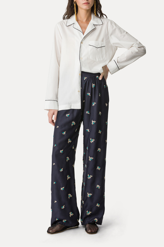 Elegant Trousers with "Petites Fleurs" Embroidery | Midnight