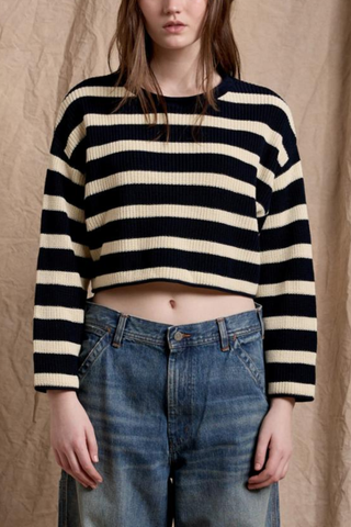 Cropped Stripe Relaxed Sweater | Dark Navy w/ Ecru