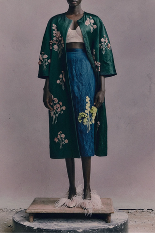 Embroidered Textured Satin Midi Pencil Skirt | Smokey Blue