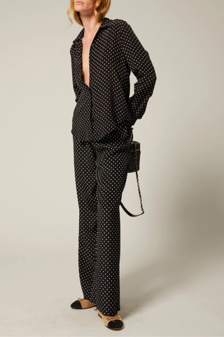 Silk Fitted Button Down | Black Polka Dot