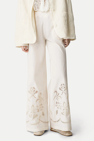 “Lunamaris” Embroidery Cropped Poplin Trousers| Avorio