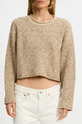 Cropped Relaxed Sweater | Tan Marled