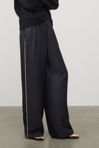 Piping Detail Wide Leg Trousers | Midnight/Bone