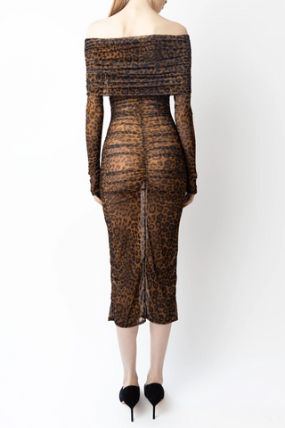 Printed Mesh Off Shoulder Midi Dress | Leopard