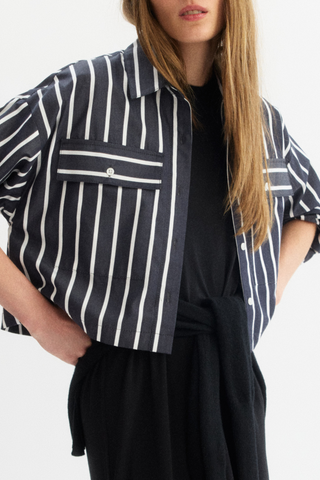 Hester Boxy Short Button Down Shirt | Navy Stripe