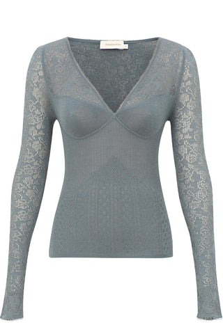 Pointelle Lace V Neck Top | Airforce