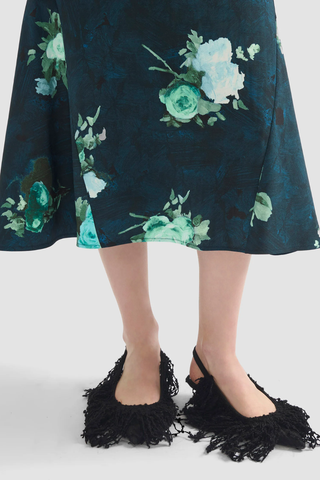 Floral Print Fluted Midi Skirt | Abstract Rose Navy