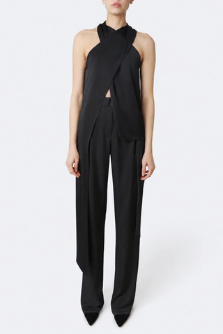 Lightweight Satin Halterneck Sash Top | Black