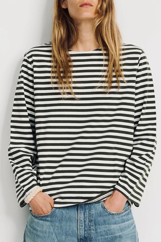 Long Sleeve Boatneck Tee | Olive Green Ecru Stripe