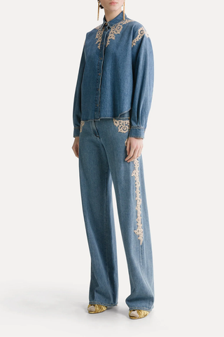 Embroidered Indigo Twill Boxy Shirt | Celeste