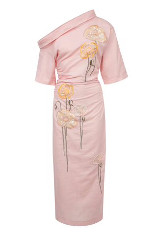 Bowery Dress | Embroidered Yellow & White Poppies On Pink
