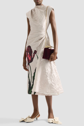 Floral Print Textured Satin Draped Midi Dress | Etched Tulip Cameo Pink