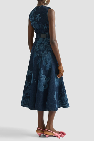 Printed Denim Sleeveless Midi Dress | Dutch Flower Painting Indigo