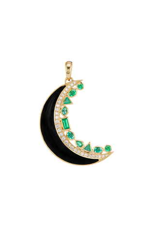 Crescent Moon Inlay Pendant | Onyx, Emerald, and Diamond