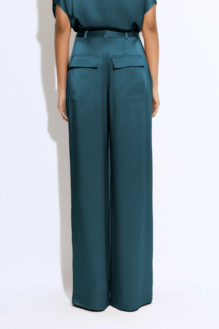 Satin Relaxed Pleated Pant | Dark Teal