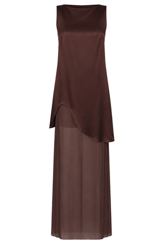Satin Layered Sleeveless Shift Dress | Chocolate