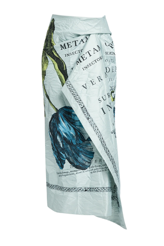 Floral Print Textured Satin Draped Midi Skirt | Etched Tulip Powder Blue