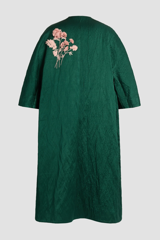 Embroidered Textured Satin Coat | Forest Green