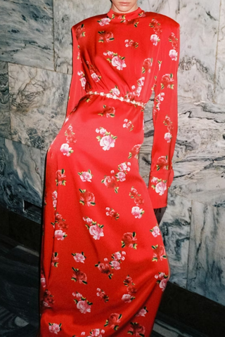 Silk Round Neck Gown | Red Print