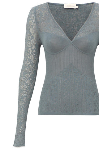 Pointelle Lace V Neck Top | Airforce